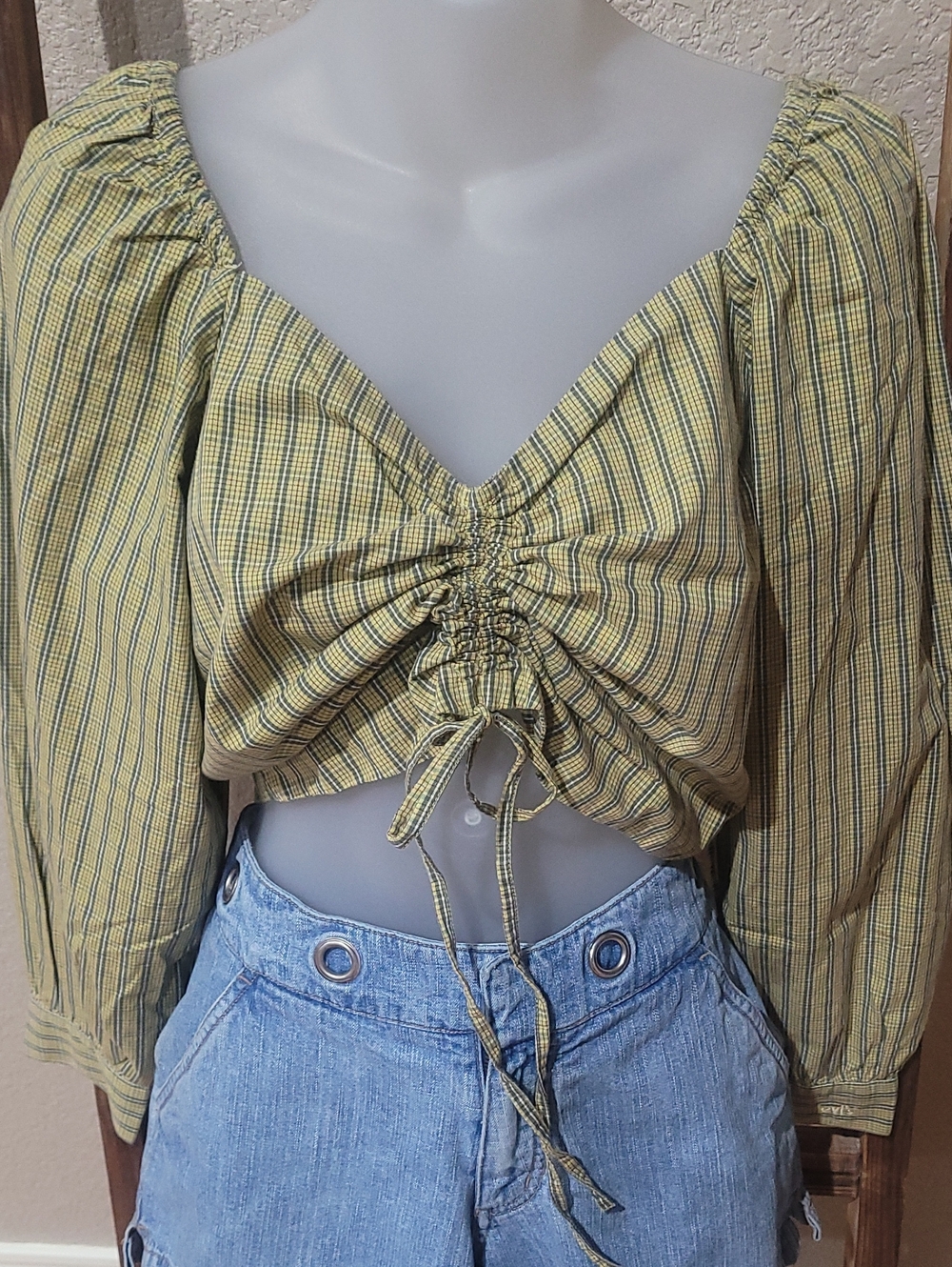 Yellow & Olive Plaid Ruched Drawstring Crop Top - Women